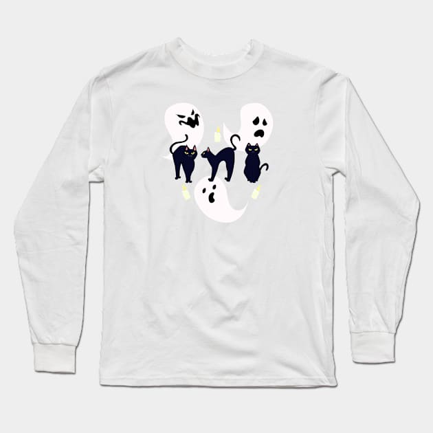 Spooky Scene of Ghots, Black Cats and Candles Long Sleeve T-Shirt by Brushes with Nature